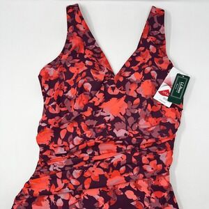 LL Bean Slimming One Piece Swimsuit Floral Ruched Purple Pink Size 12 Reg NWT